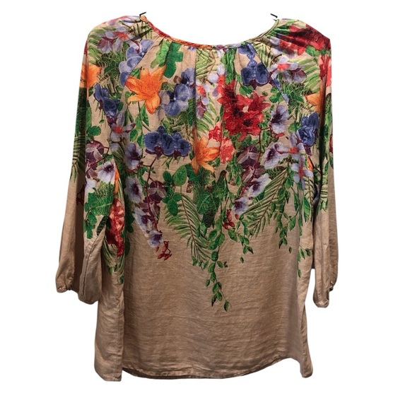 Chico's Size 2 Petite Large Tropical Floral Linen Multicolor Women's Blouse - Picture 2 of 3